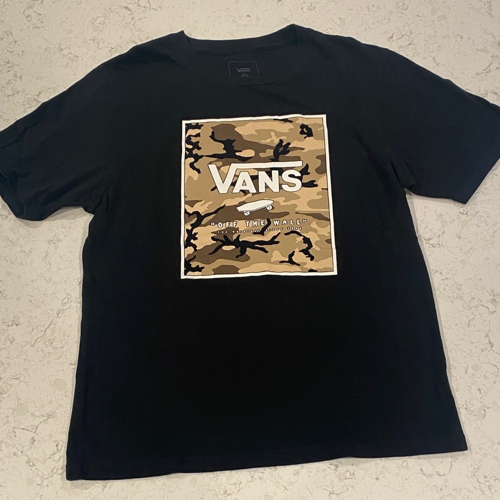 Vans Boy’s Black Short Sleeve Tee with Tan Camo Square Logo